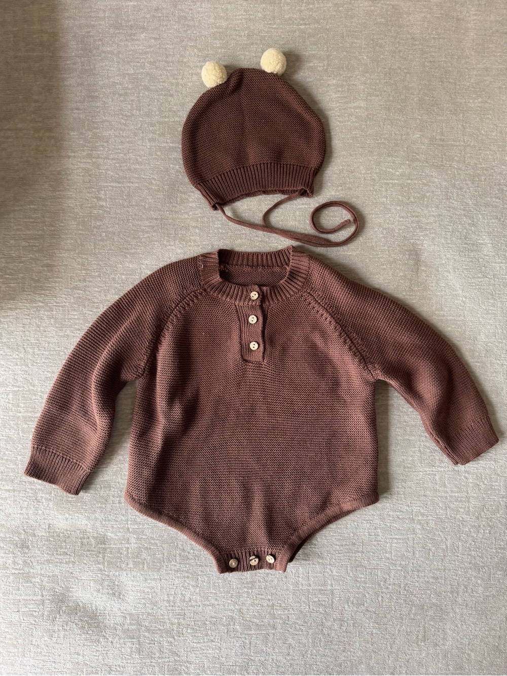 Baby Knit Romper & Pom Pom Bear Bonnet Set Brown Cottagecore Boho Neutral Infant - Picture 2 of 7